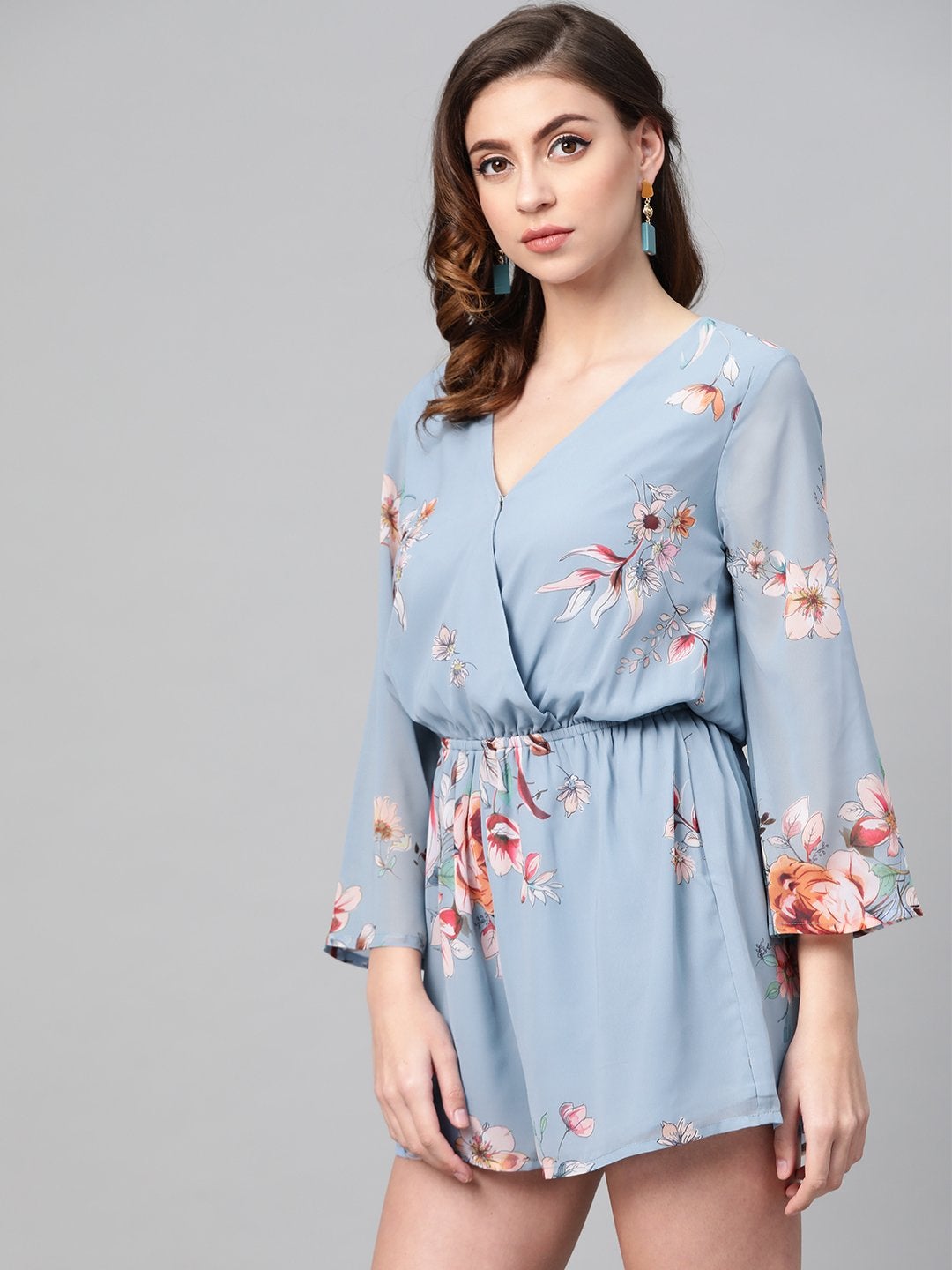 Women's Pale Blue Floral Wrap Romper - SASSAFRAS