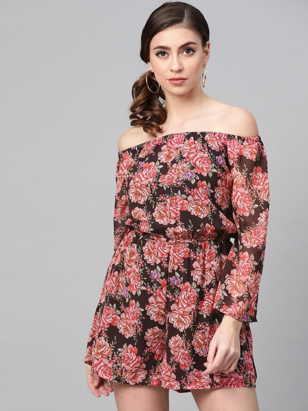 Women's Black Floral Off Shoulder Romper - SASSAFRAS