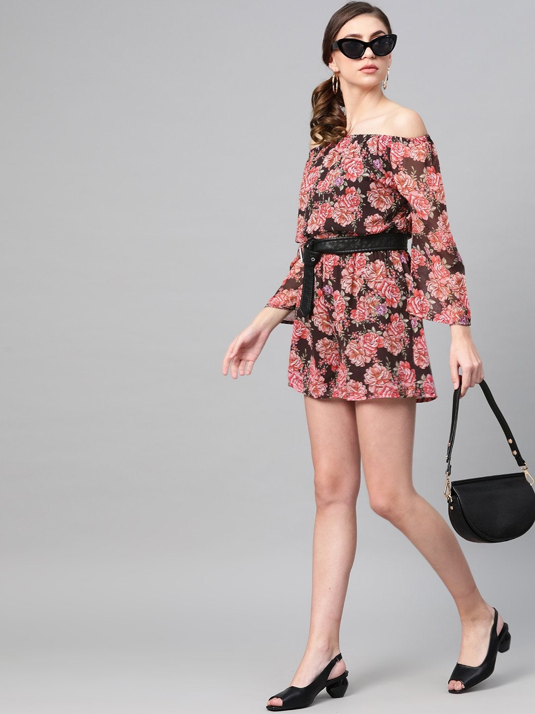 Women's Black Floral Off Shoulder Romper - SASSAFRAS