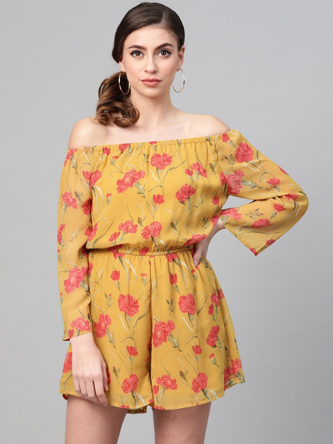 Women's Mustard Floral Off Shoulder Romper - SASSAFRAS