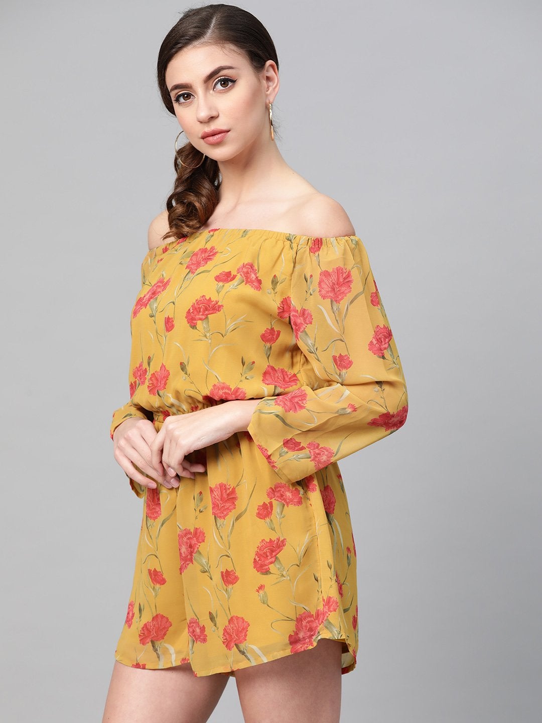 Women's Mustard Floral Off Shoulder Romper - SASSAFRAS