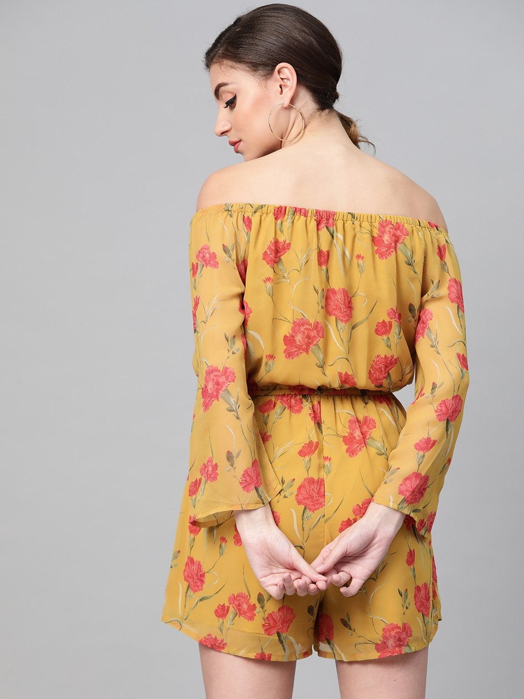 Women's Mustard Floral Off Shoulder Romper - SASSAFRAS