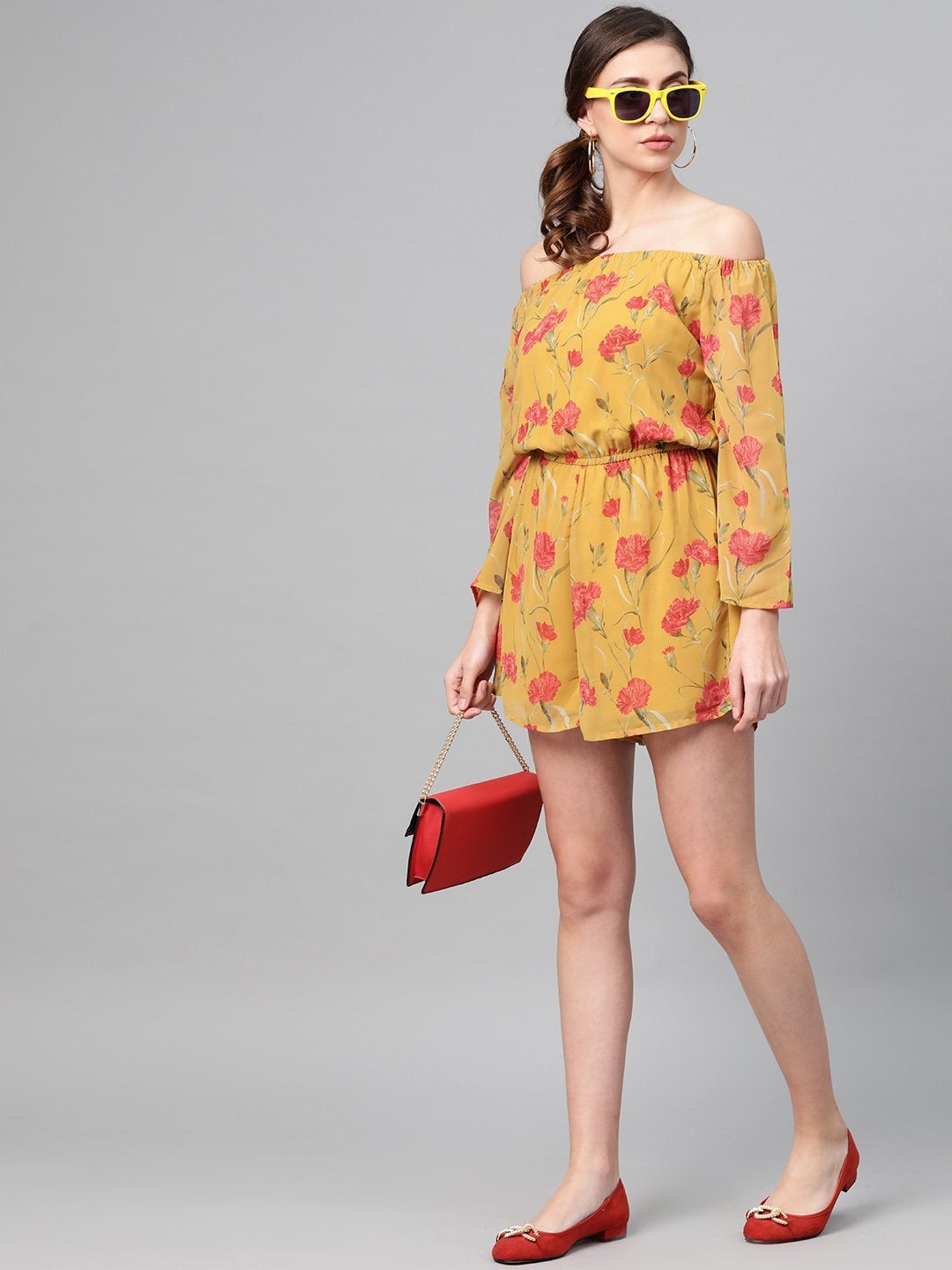 Women's Mustard Floral Off Shoulder Romper - SASSAFRAS