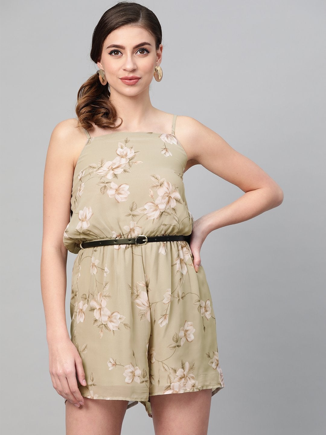 Women's Olive Floral Strappy Romper With Pu Belt - SASSAFRAS