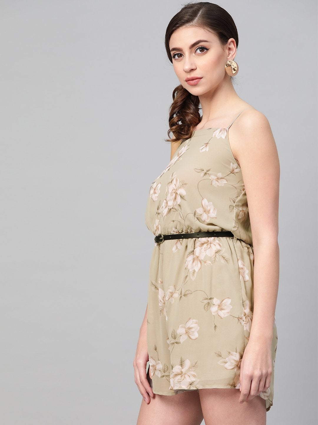 Women's Olive Floral Strappy Romper With Pu Belt - SASSAFRAS