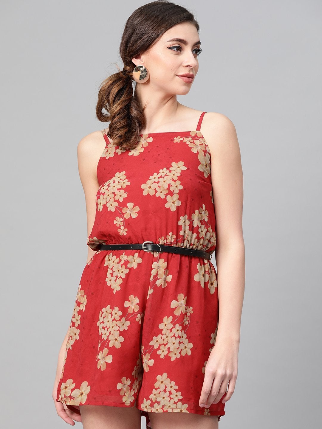 Women's Red Floral Strappy Romper With Pu Belt - SASSAFRAS