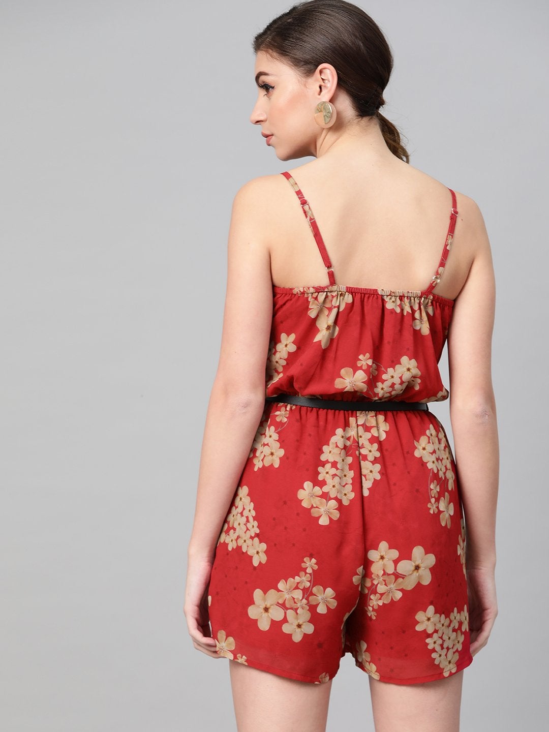 Women's Red Floral Strappy Romper With Pu Belt - SASSAFRAS