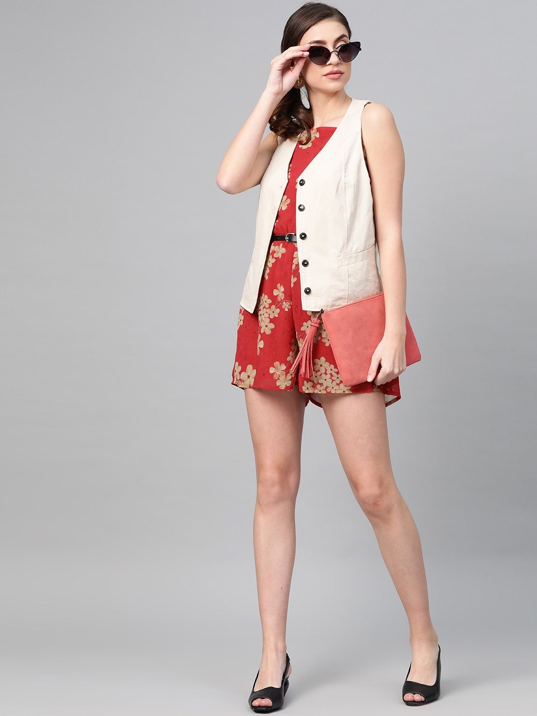 Women's Red Floral Strappy Romper With Pu Belt - SASSAFRAS