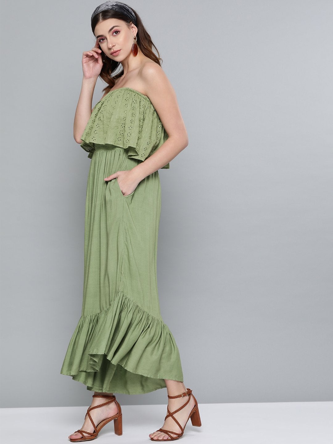 Women's Olive Schiffli Off Shoulder Jumpsuit - SASSAFRAS