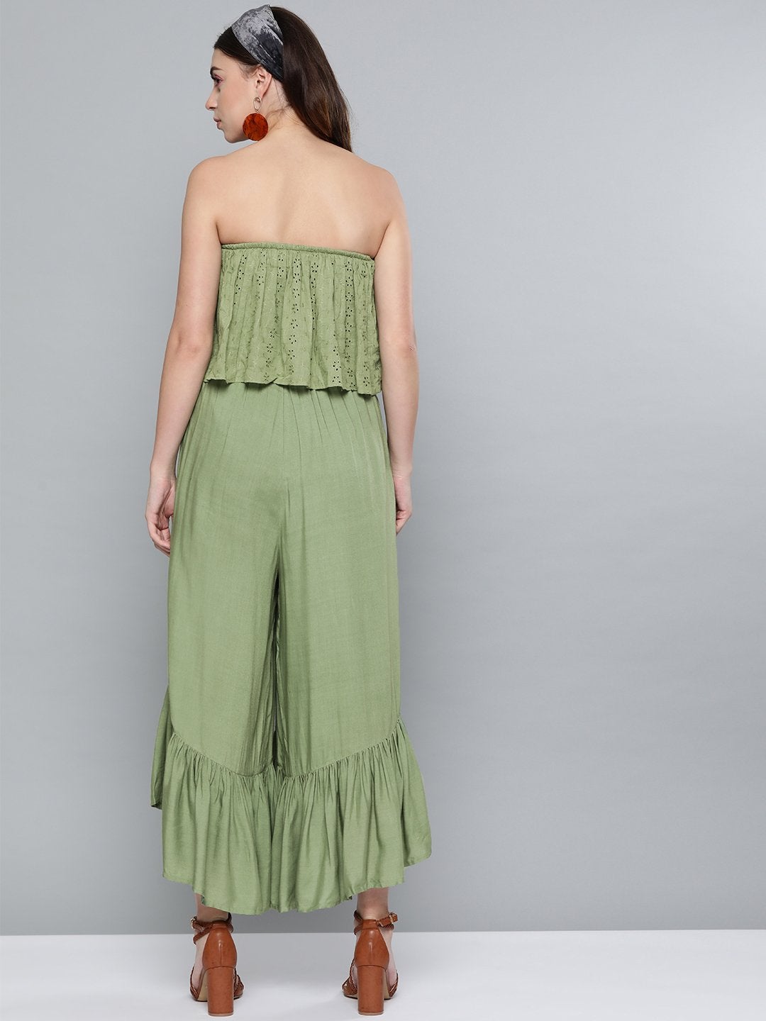 Women's Olive Schiffli Off Shoulder Jumpsuit - SASSAFRAS