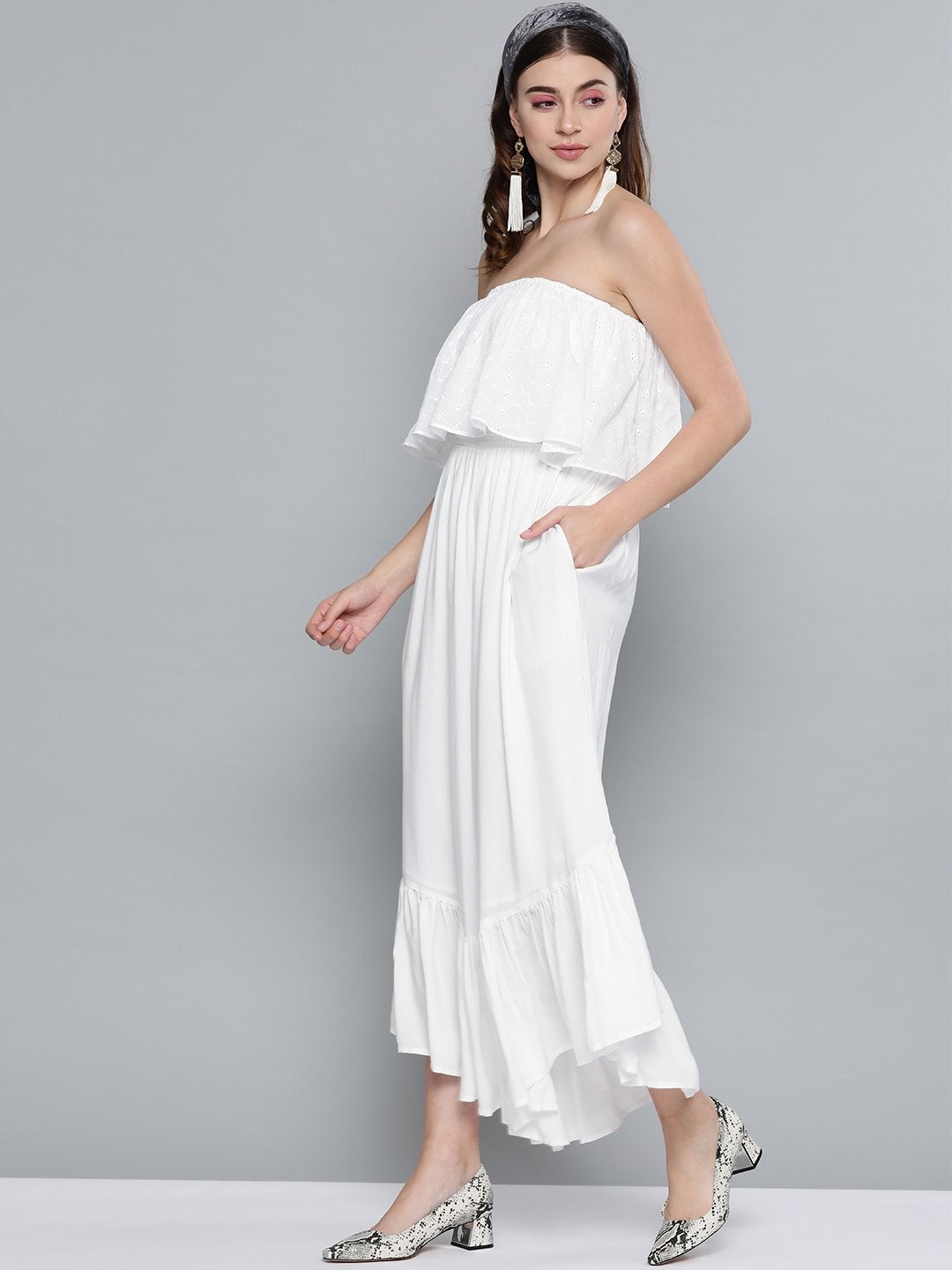 Women's White Schiffli Off Shoulder Jumpsuit - SASSAFRAS