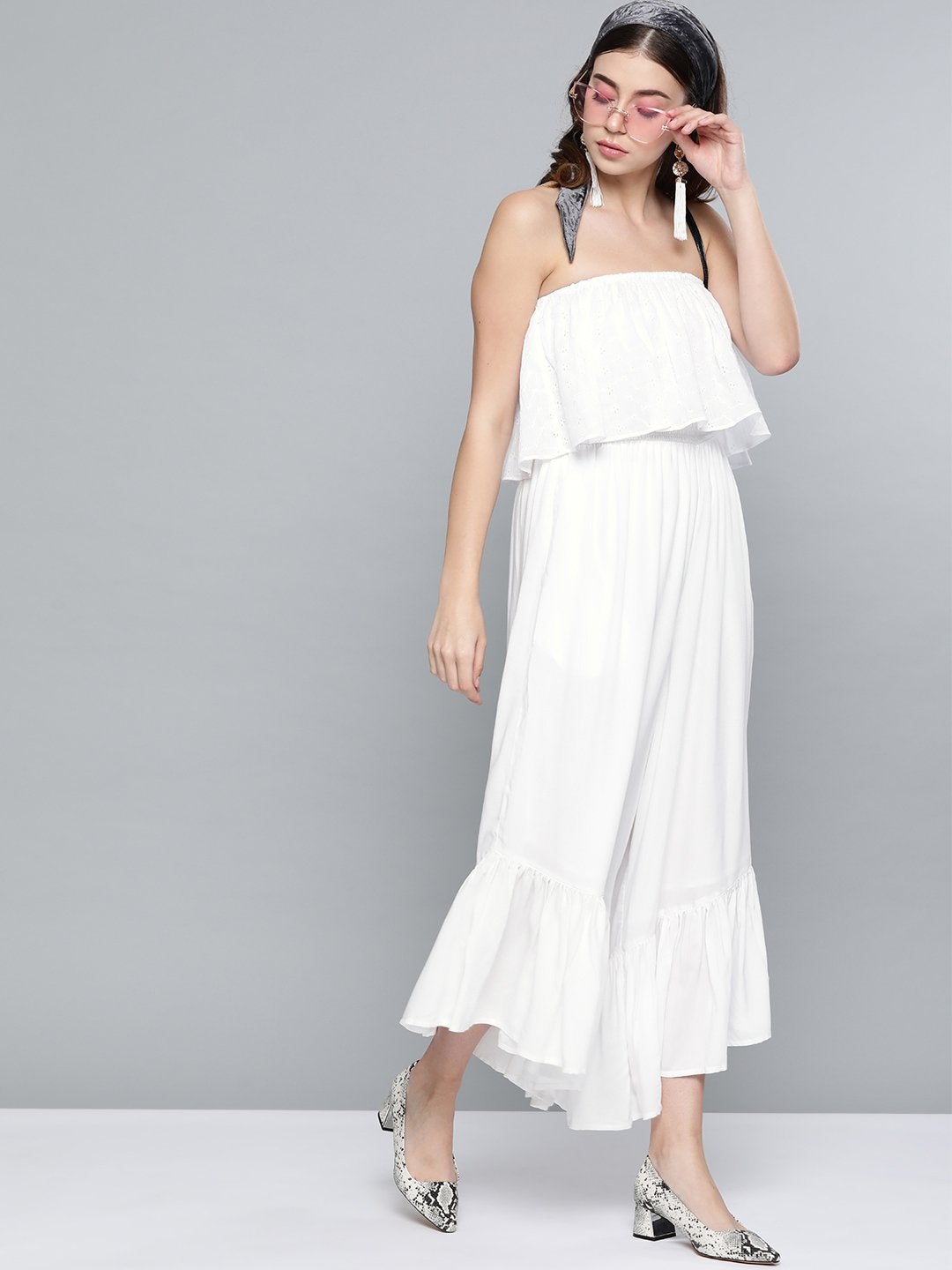 Women's White Schiffli Off Shoulder Jumpsuit - SASSAFRAS