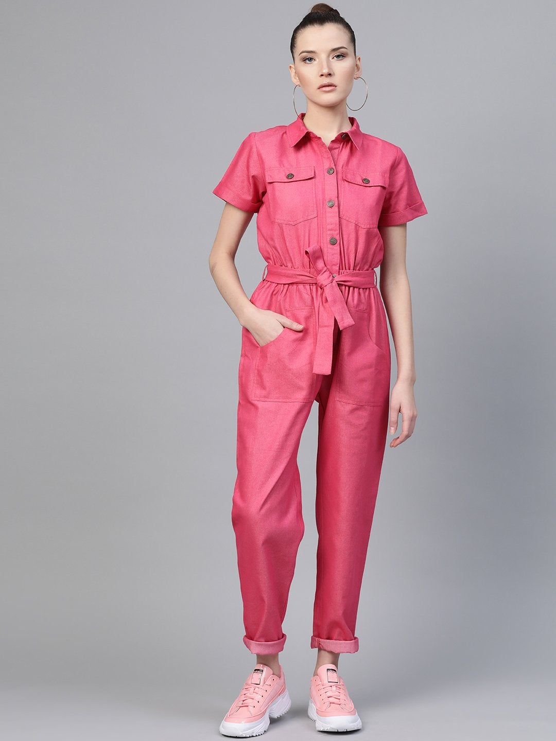 Women's Fuchsia Belted Twill Tapered Jumpsuit - SASSAFRAS