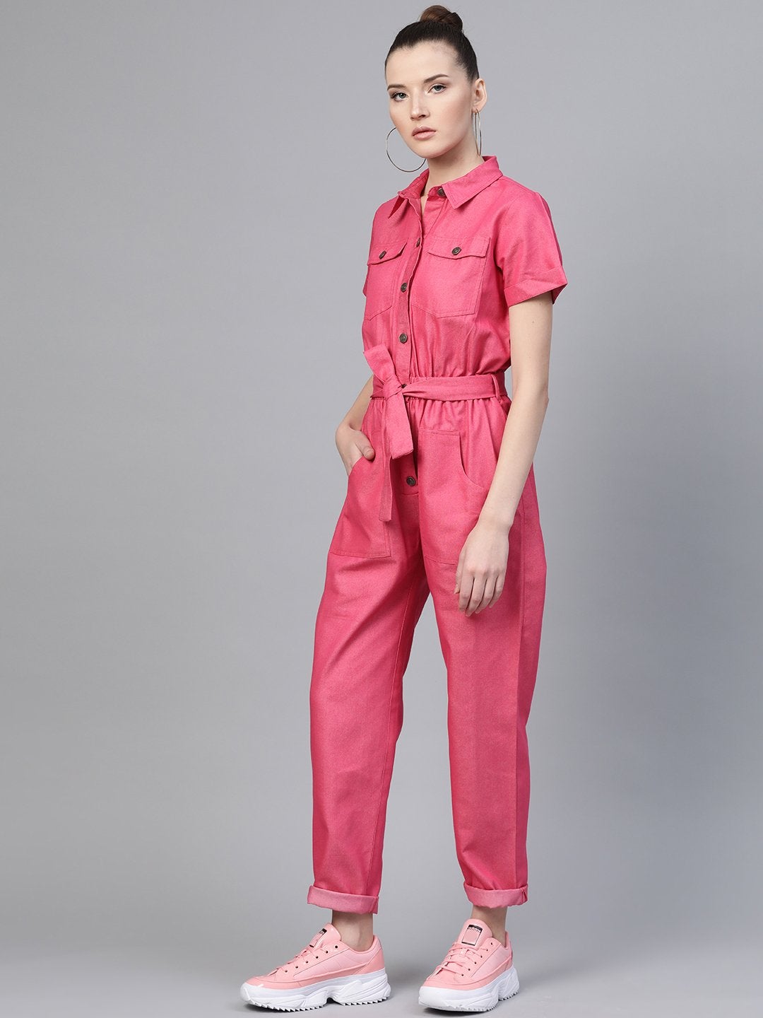 Women's Fuchsia Belted Twill Tapered Jumpsuit - SASSAFRAS