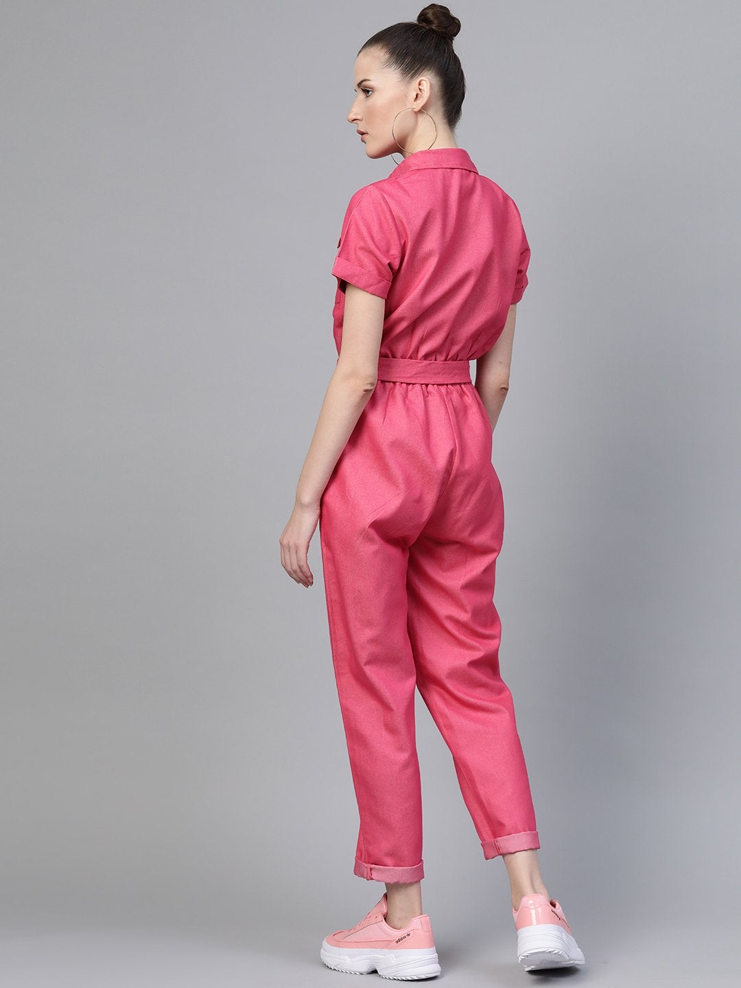 Women's Fuchsia Belted Twill Tapered Jumpsuit - SASSAFRAS