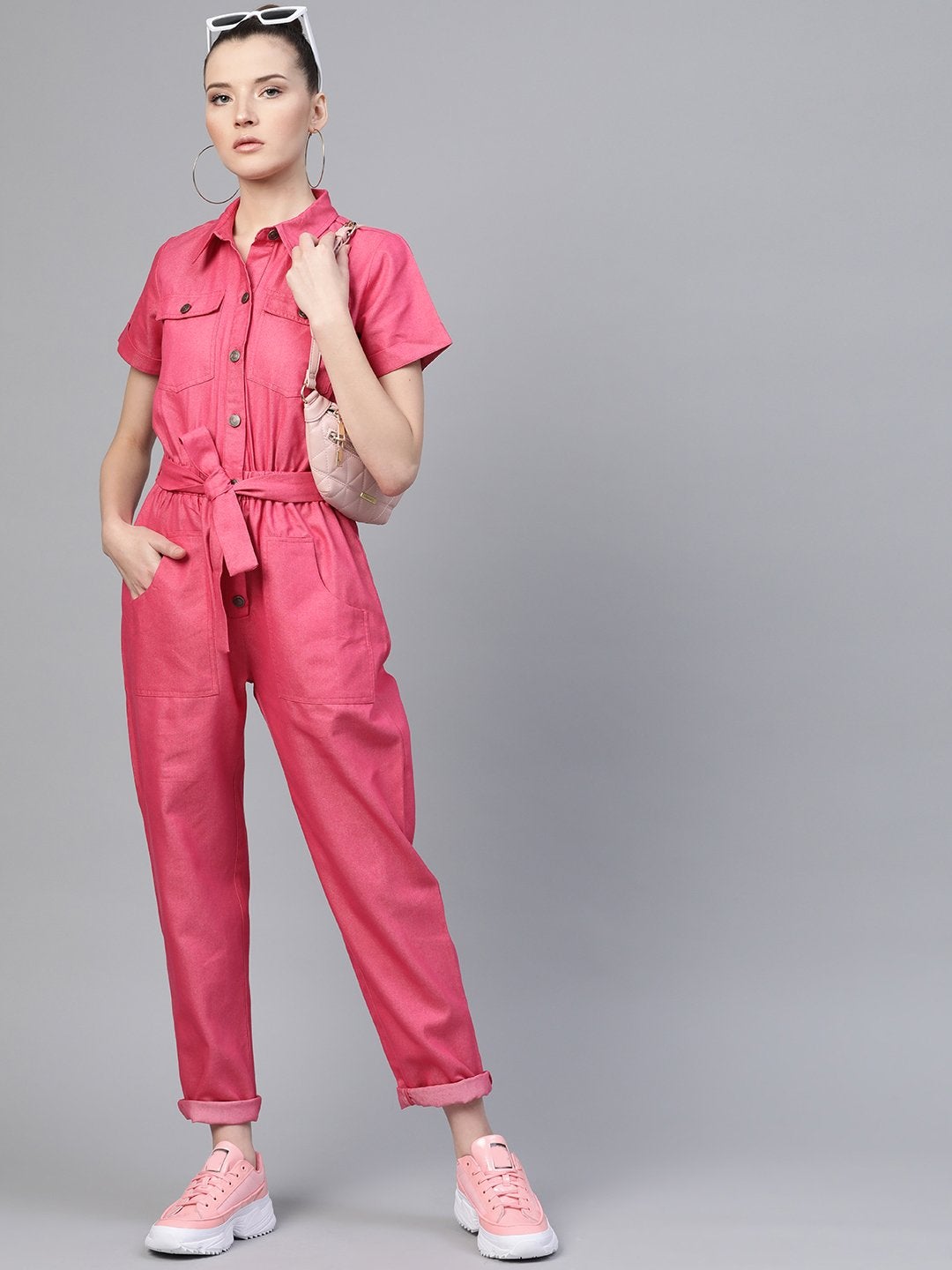 Women's Fuchsia Belted Twill Tapered Jumpsuit - SASSAFRAS