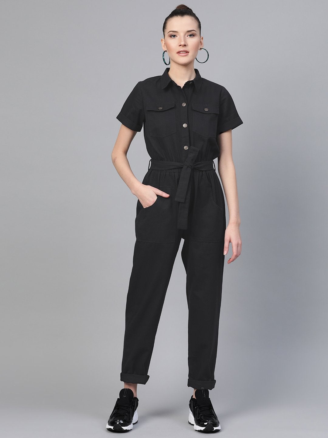 Women's Black Belted Twill Tapered Jumpsuit - SASSAFRAS