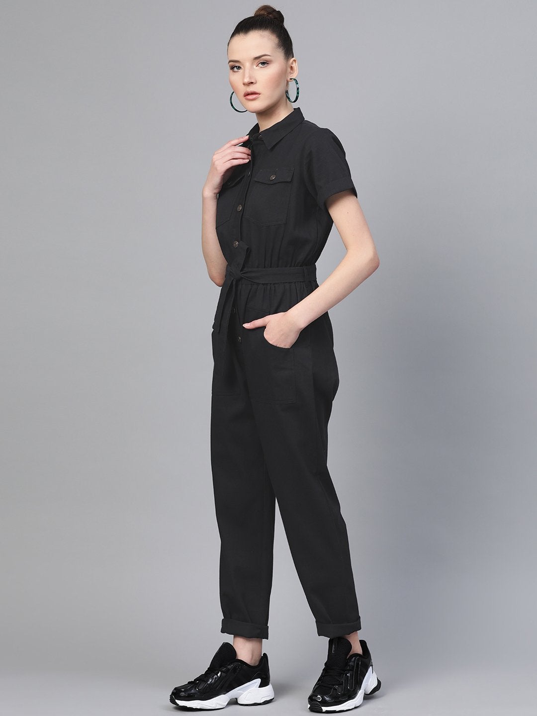 Women's Black Belted Twill Tapered Jumpsuit - SASSAFRAS