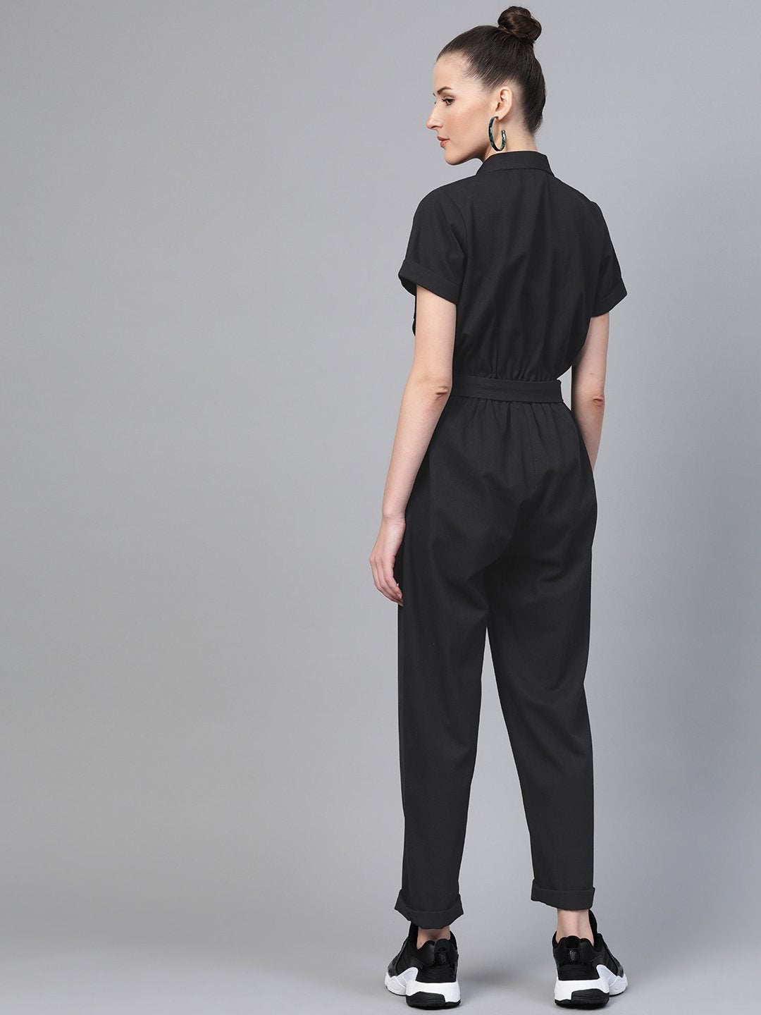 Women's Black Belted Twill Tapered Jumpsuit - SASSAFRAS