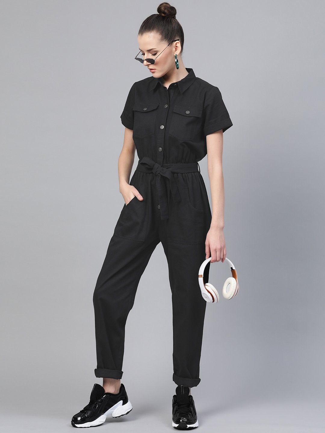 Women's Black Belted Twill Tapered Jumpsuit - SASSAFRAS