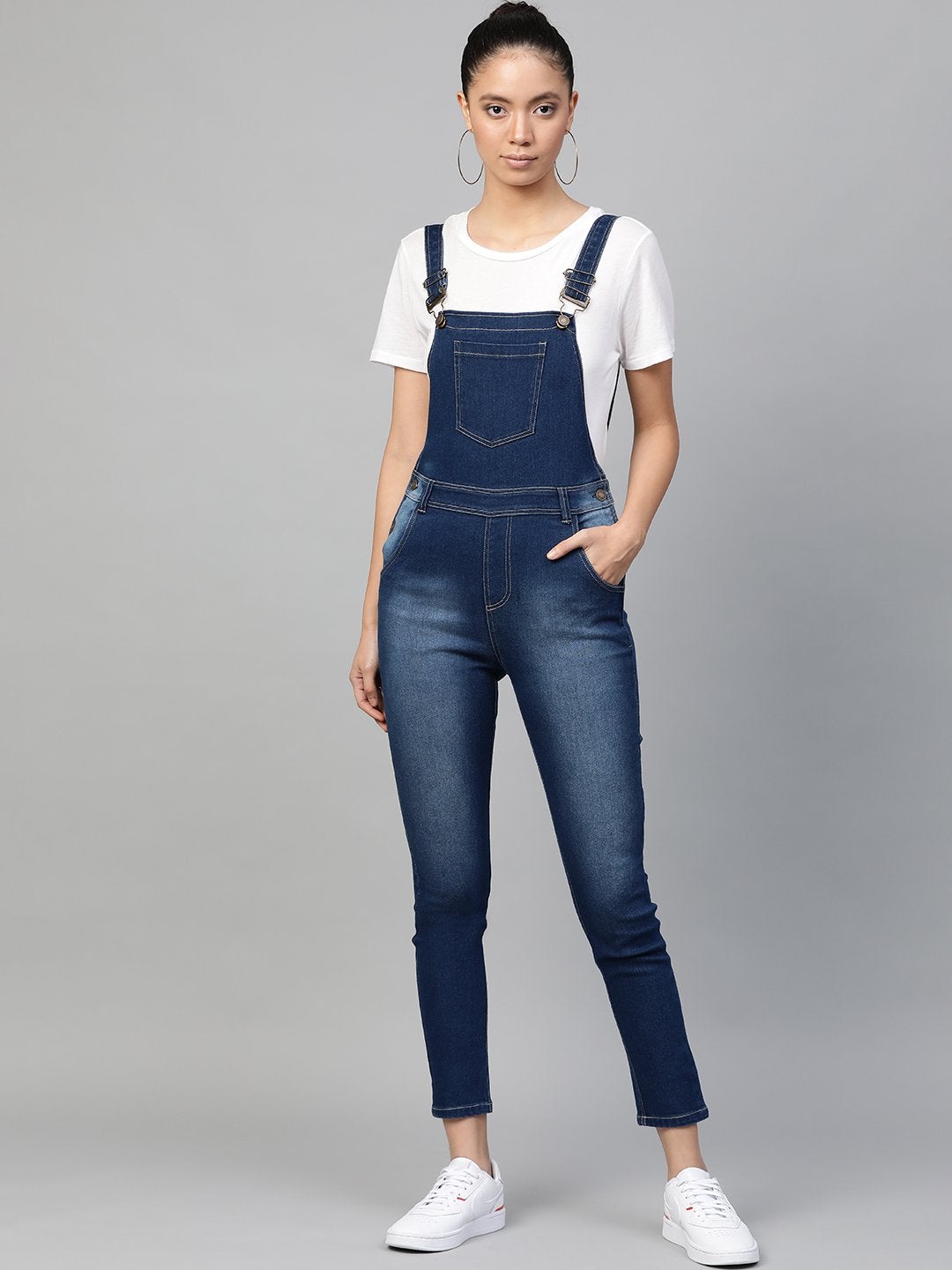 Women's Blue Bleach Wash Stretch Denim Dungaree - SASSAFRAS