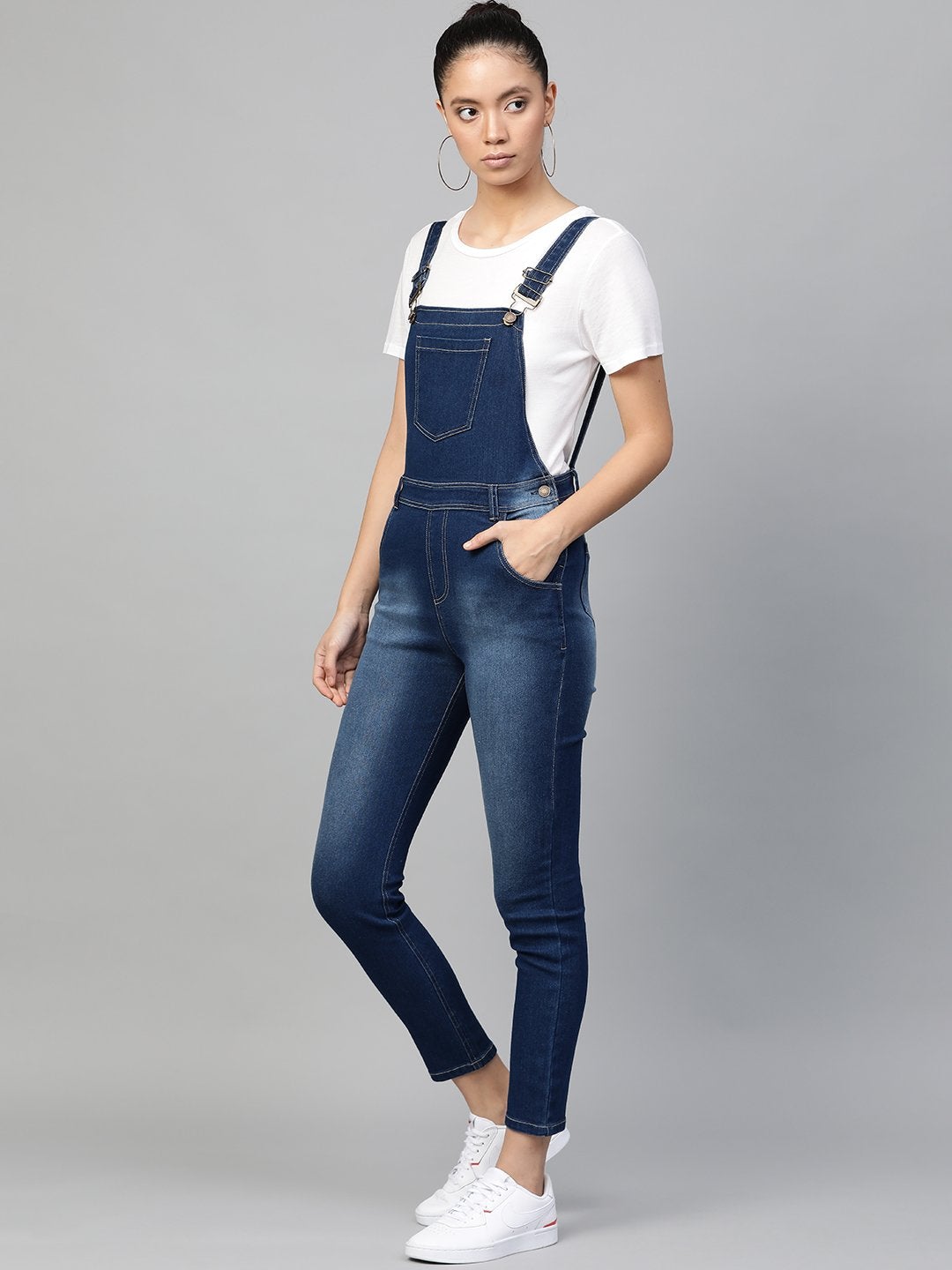 Women's Blue Bleach Wash Stretch Denim Dungaree - SASSAFRAS