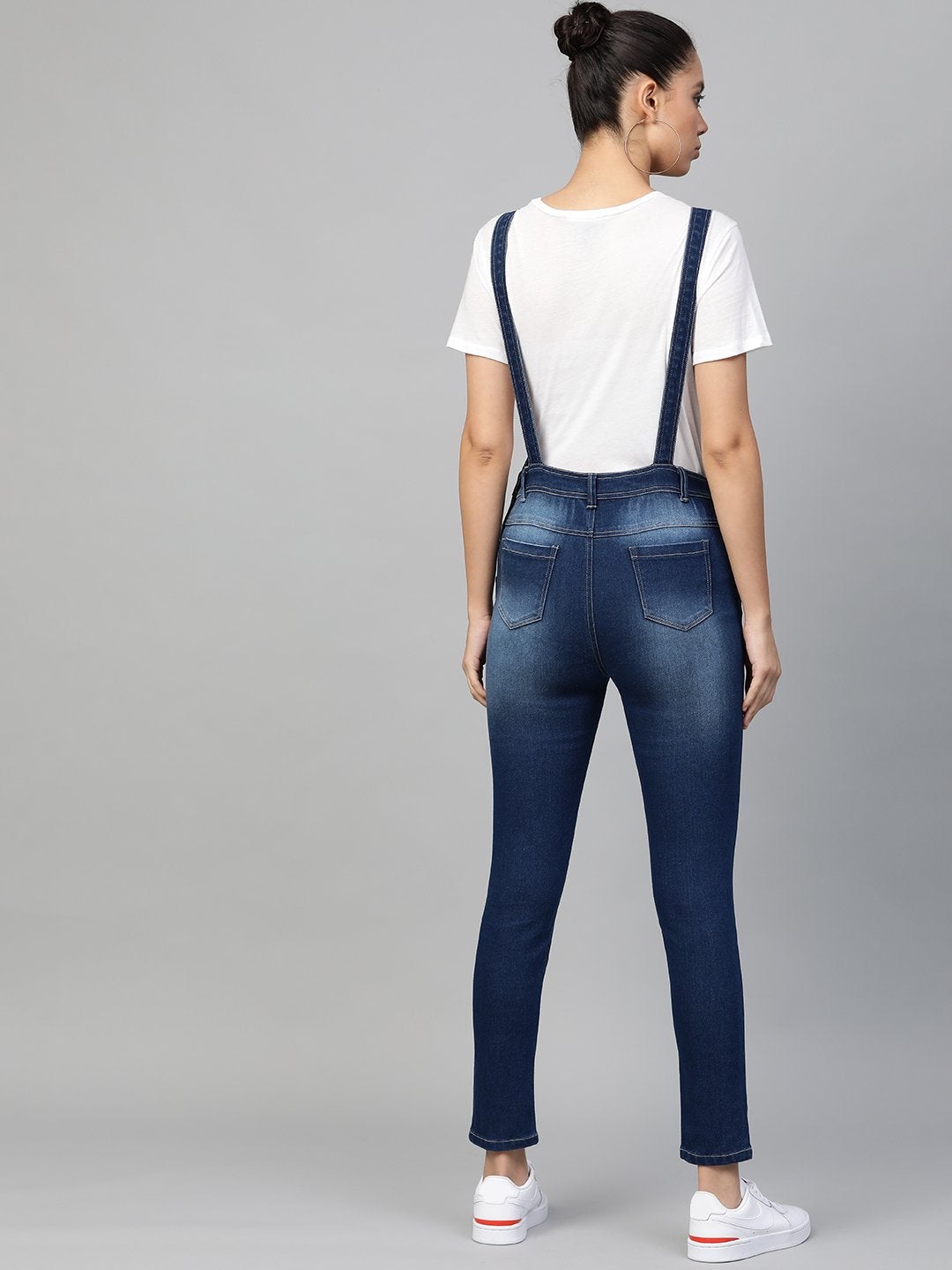 Women's Blue Bleach Wash Stretch Denim Dungaree - SASSAFRAS