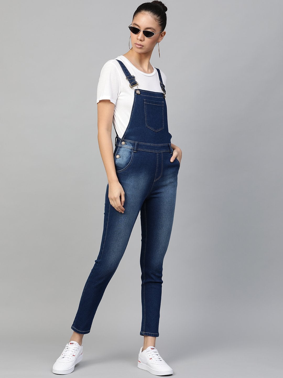 Women's Blue Bleach Wash Stretch Denim Dungaree - SASSAFRAS