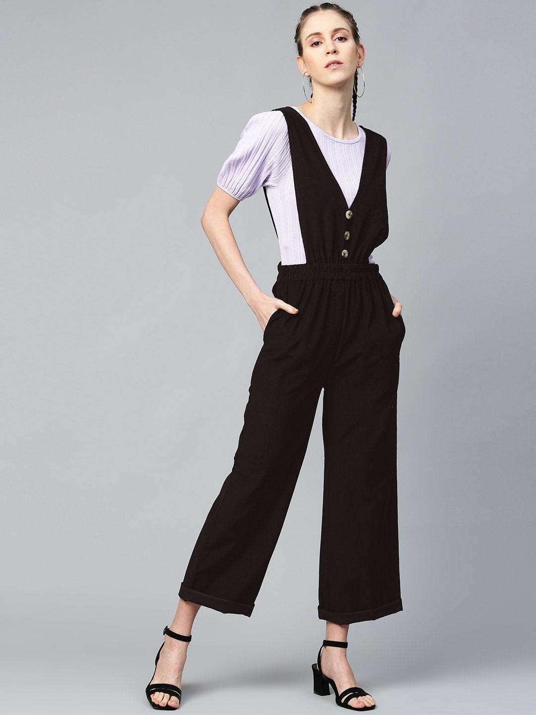 Women's Black Corduroy Buttoned Dungaree - SASSAFRAS