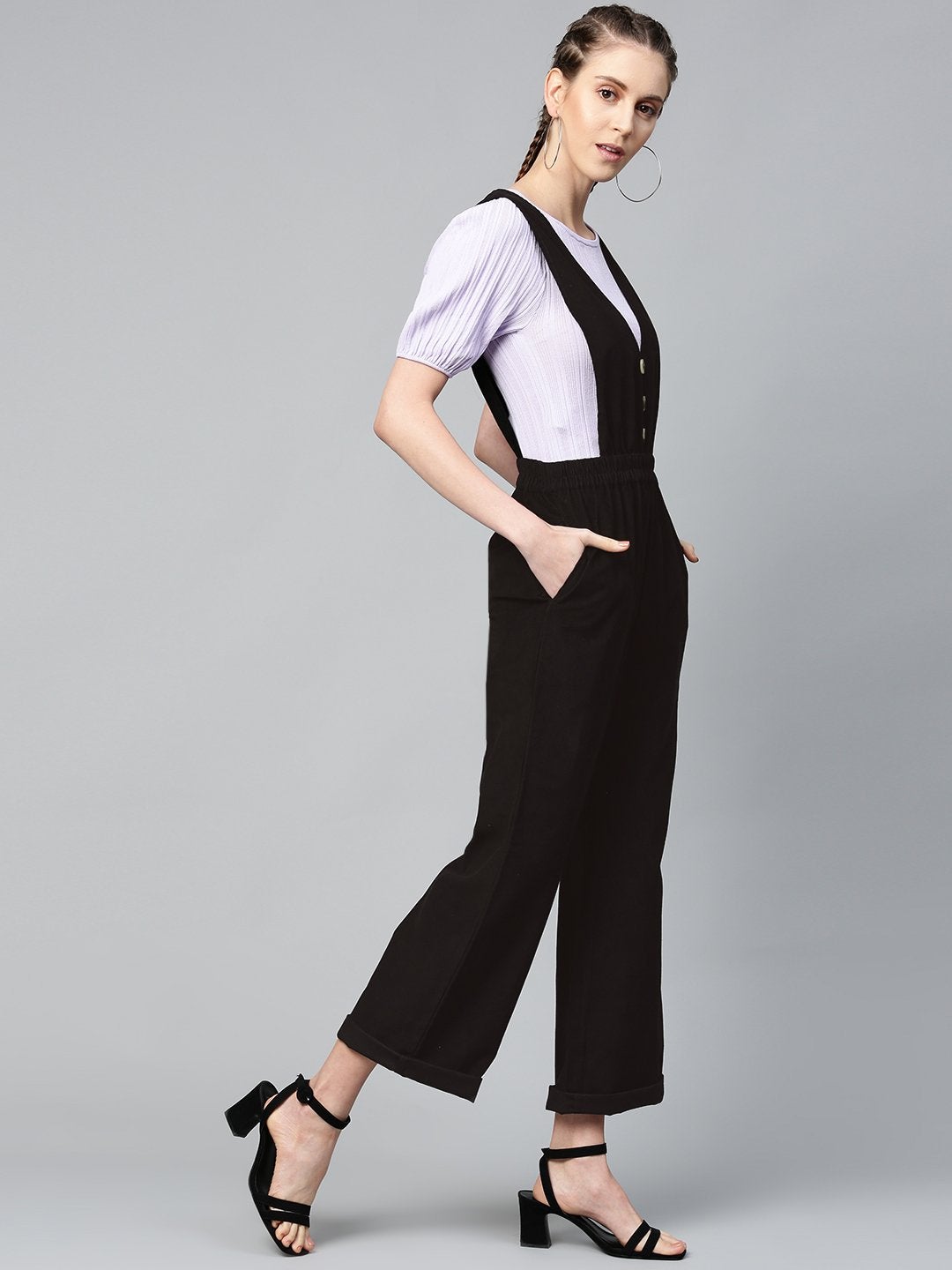 Women's Black Corduroy Buttoned Dungaree - SASSAFRAS