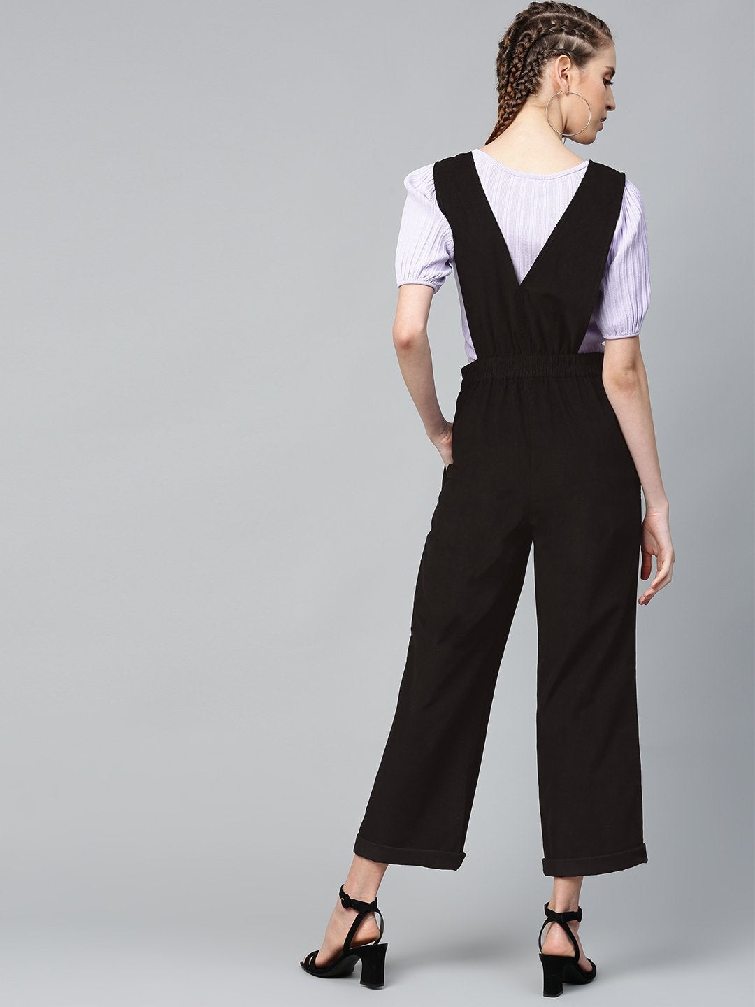 Women's Black Corduroy Buttoned Dungaree - SASSAFRAS