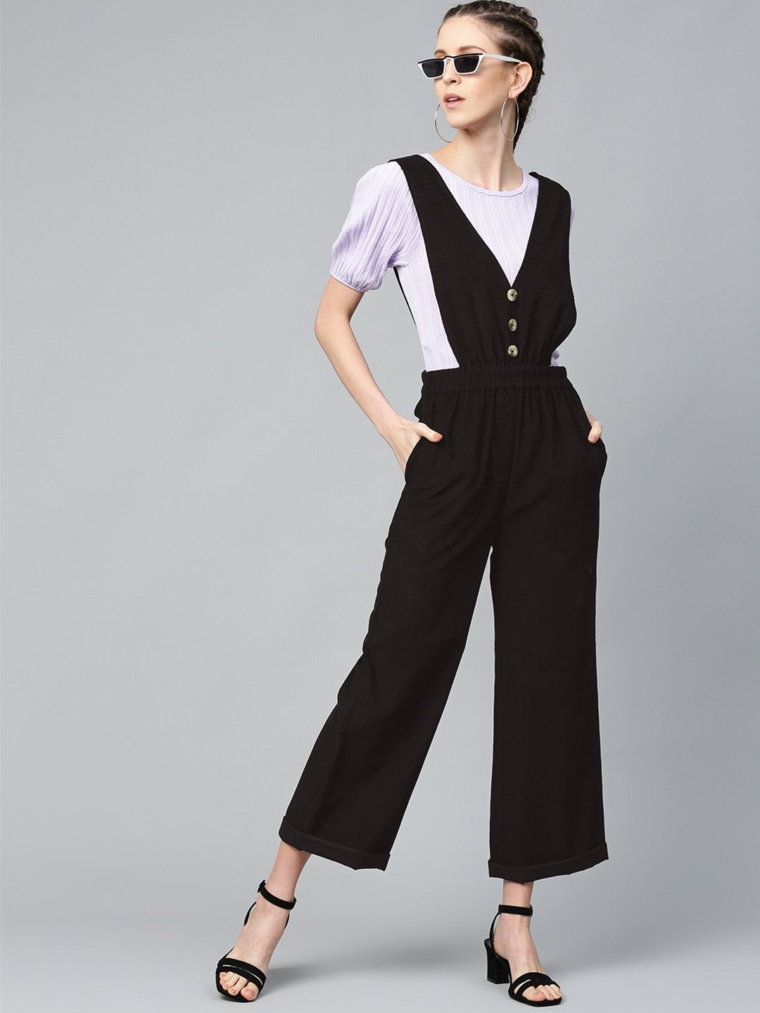 Women's Black Corduroy Buttoned Dungaree - SASSAFRAS