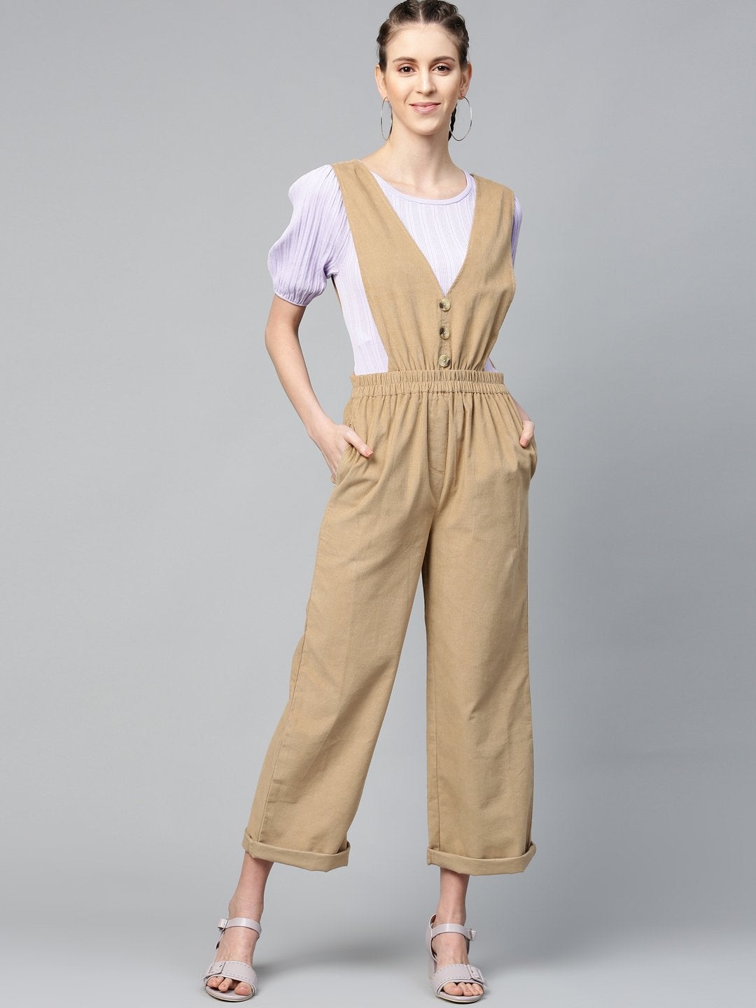 Women's Beige Corduroy Buttoned Dungaree - SASSAFRAS