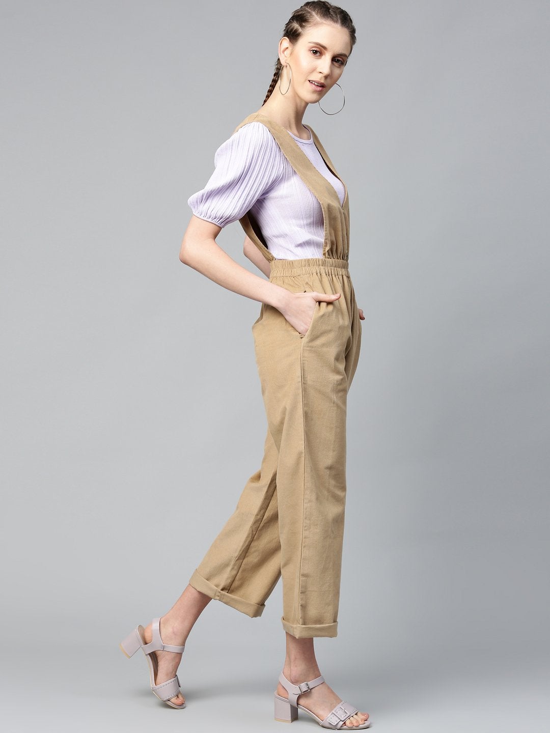 Women's Beige Corduroy Buttoned Dungaree - SASSAFRAS