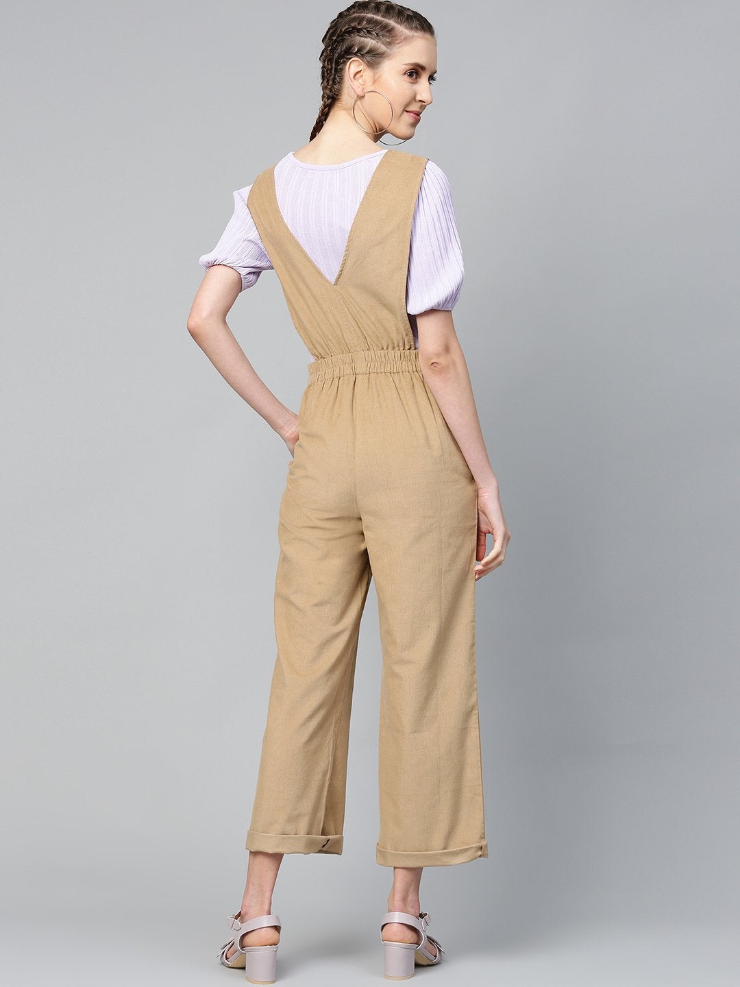 Women's Beige Corduroy Buttoned Dungaree - SASSAFRAS