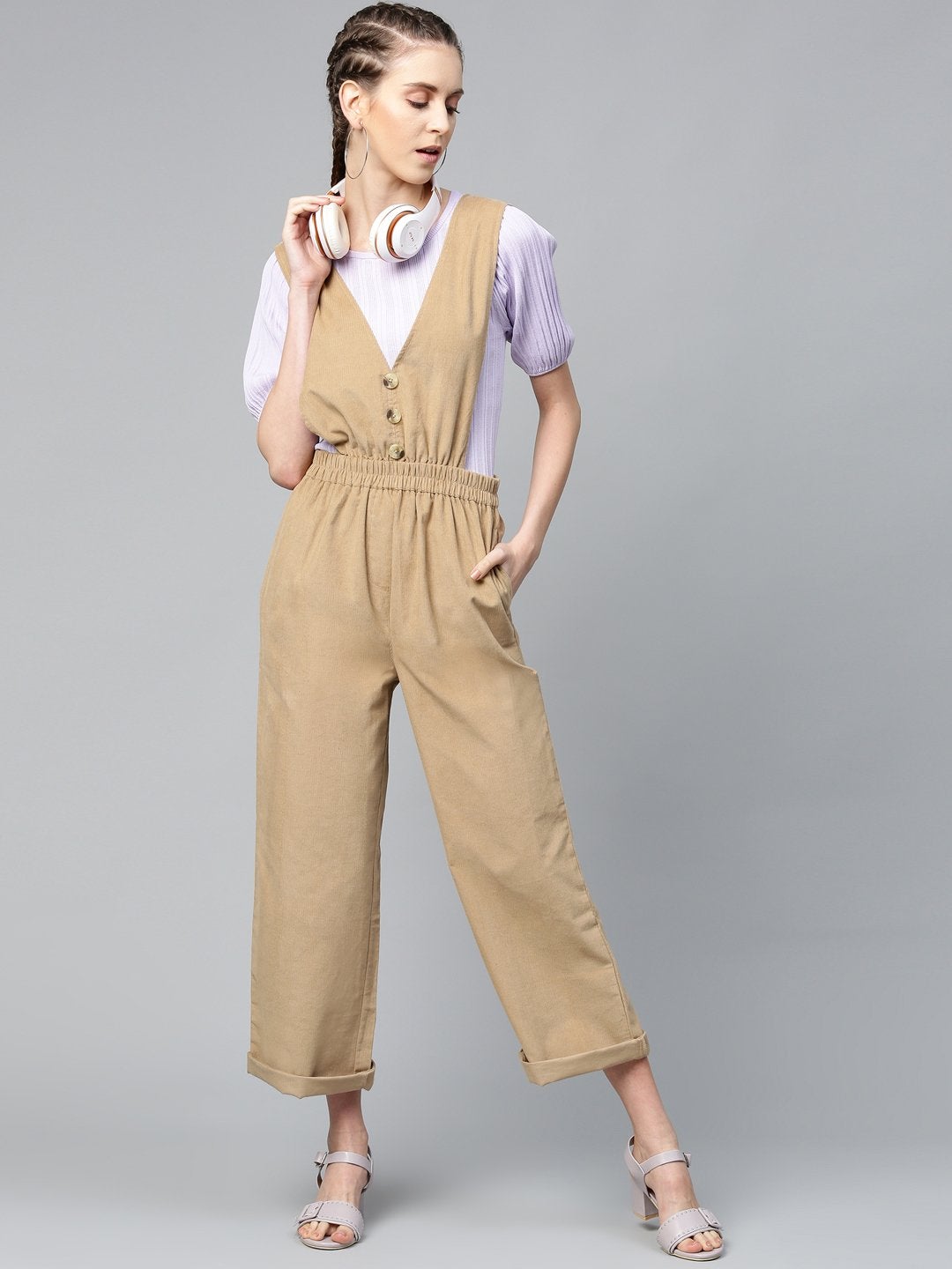 Women's Beige Corduroy Buttoned Dungaree - SASSAFRAS