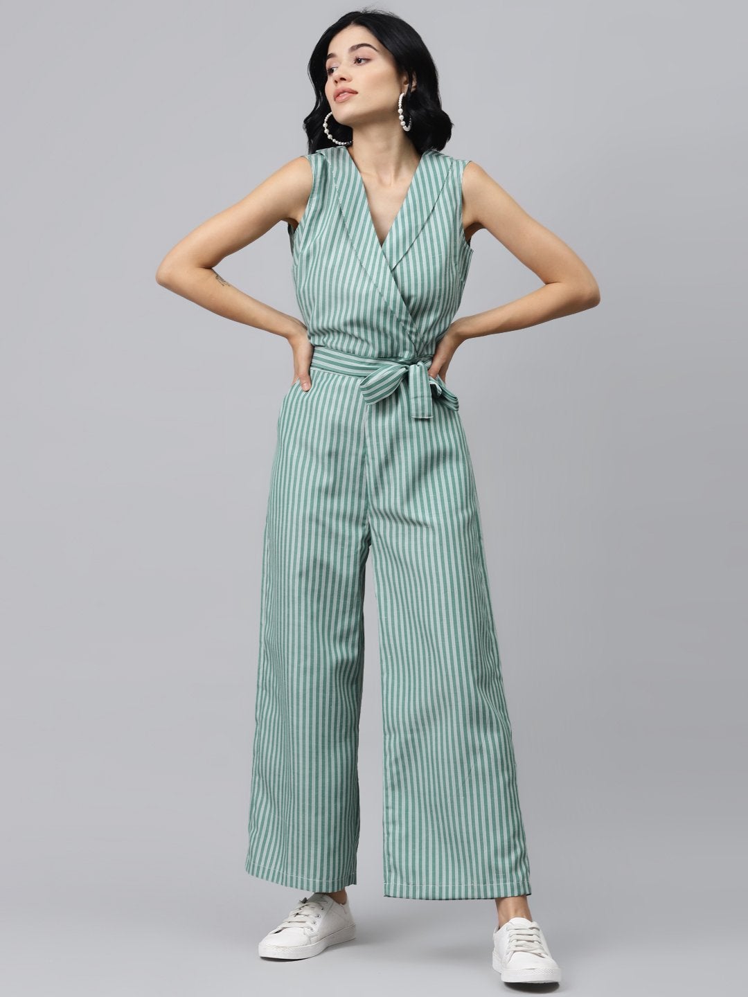 Women's Green Stripes Wrap Jumpsuit - SASSAFRAS