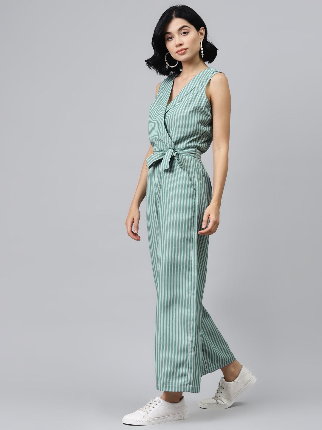 Women's Green Stripes Wrap Jumpsuit - SASSAFRAS