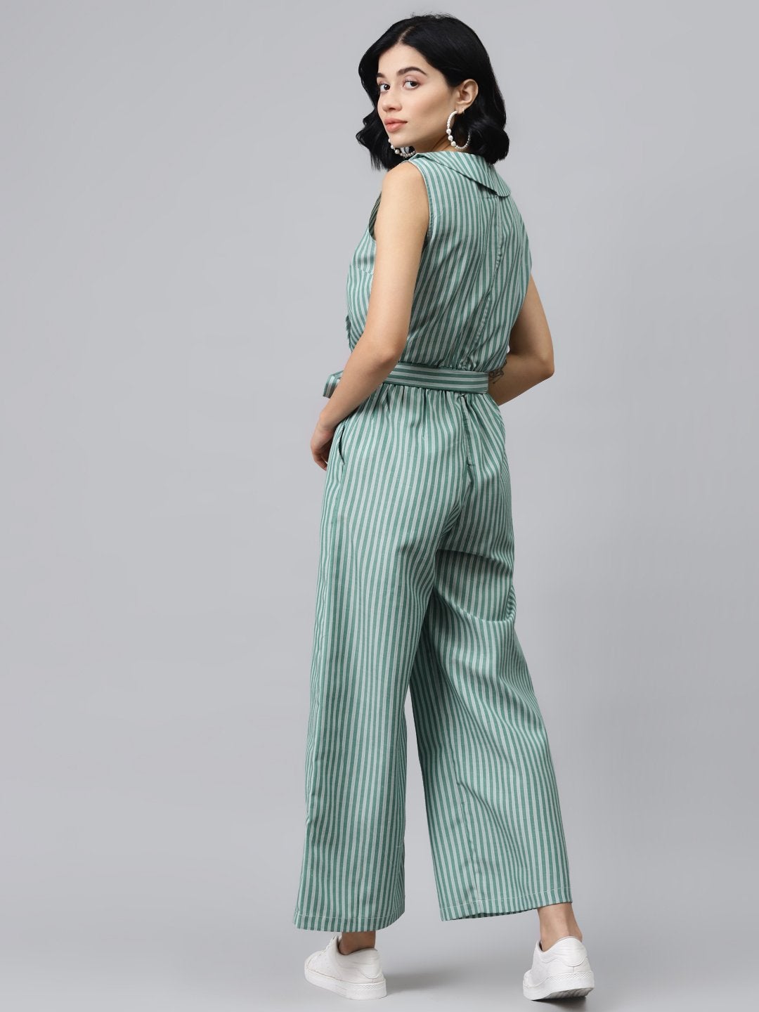 Women's Green Stripes Wrap Jumpsuit - SASSAFRAS