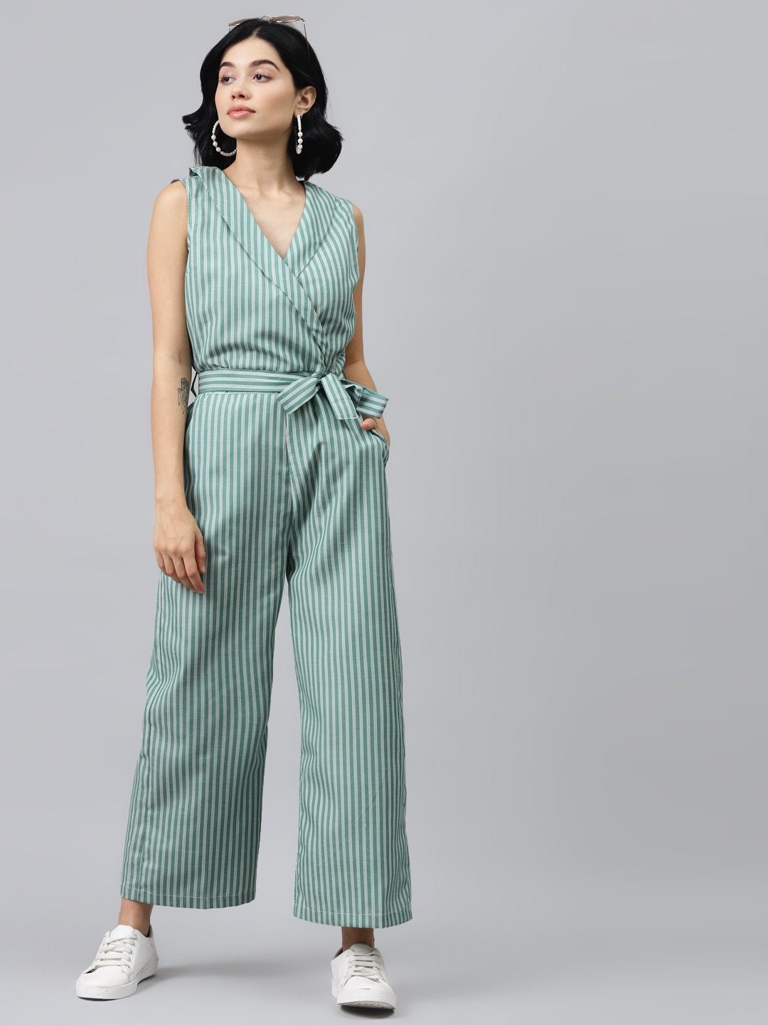 Women's Green Stripes Wrap Jumpsuit - SASSAFRAS