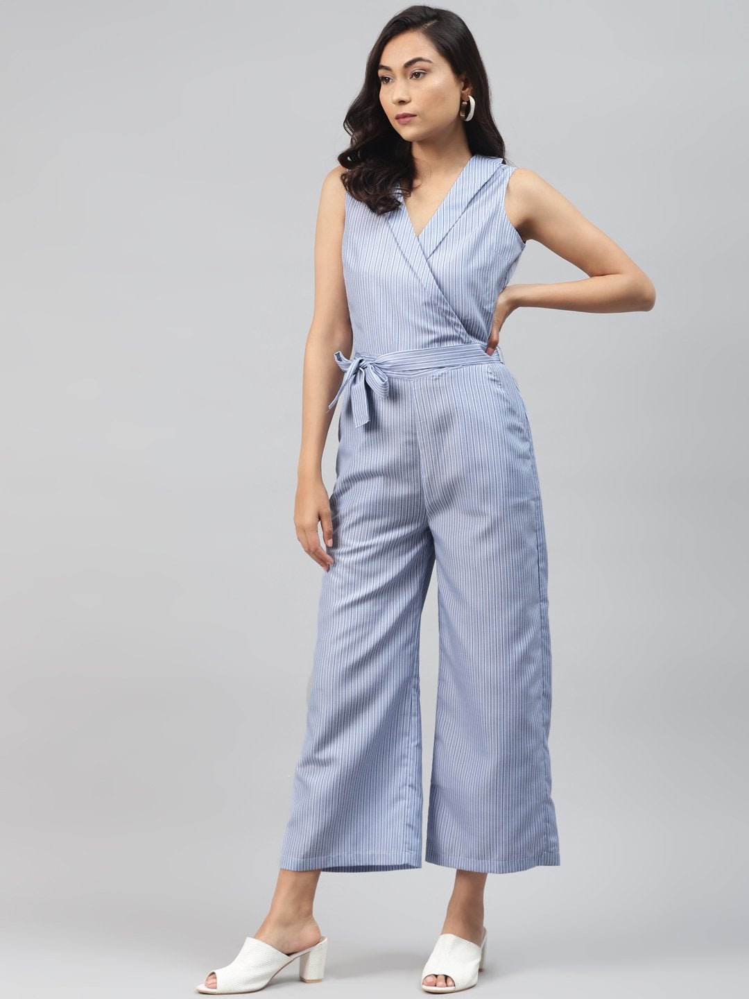 Women's Blue Stripes Wrap Jumpsuit - SASSAFRAS