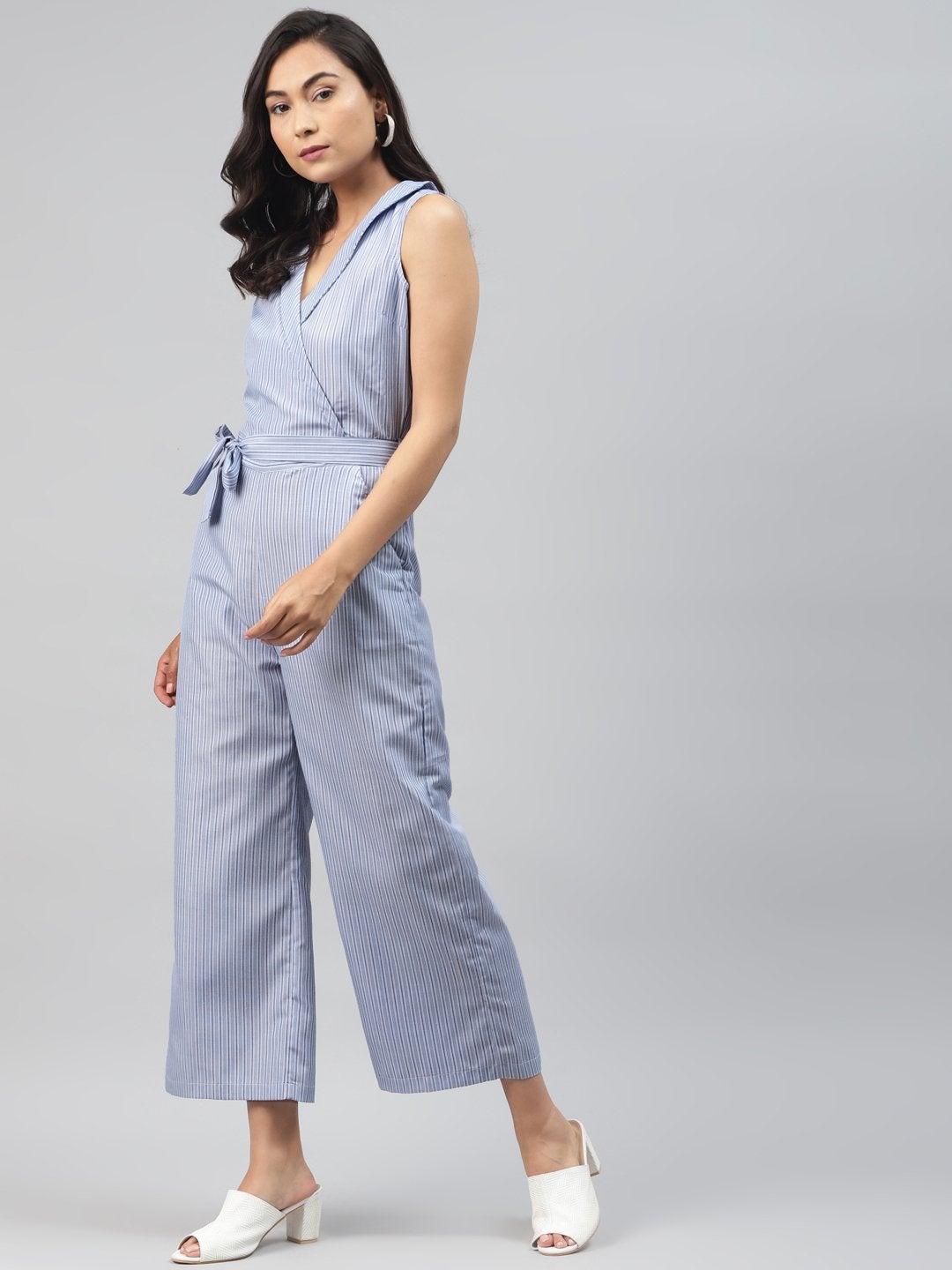 Women's Blue Stripes Wrap Jumpsuit - SASSAFRAS