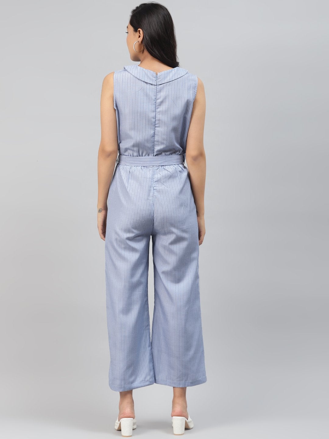 Women's Blue Stripes Wrap Jumpsuit - SASSAFRAS