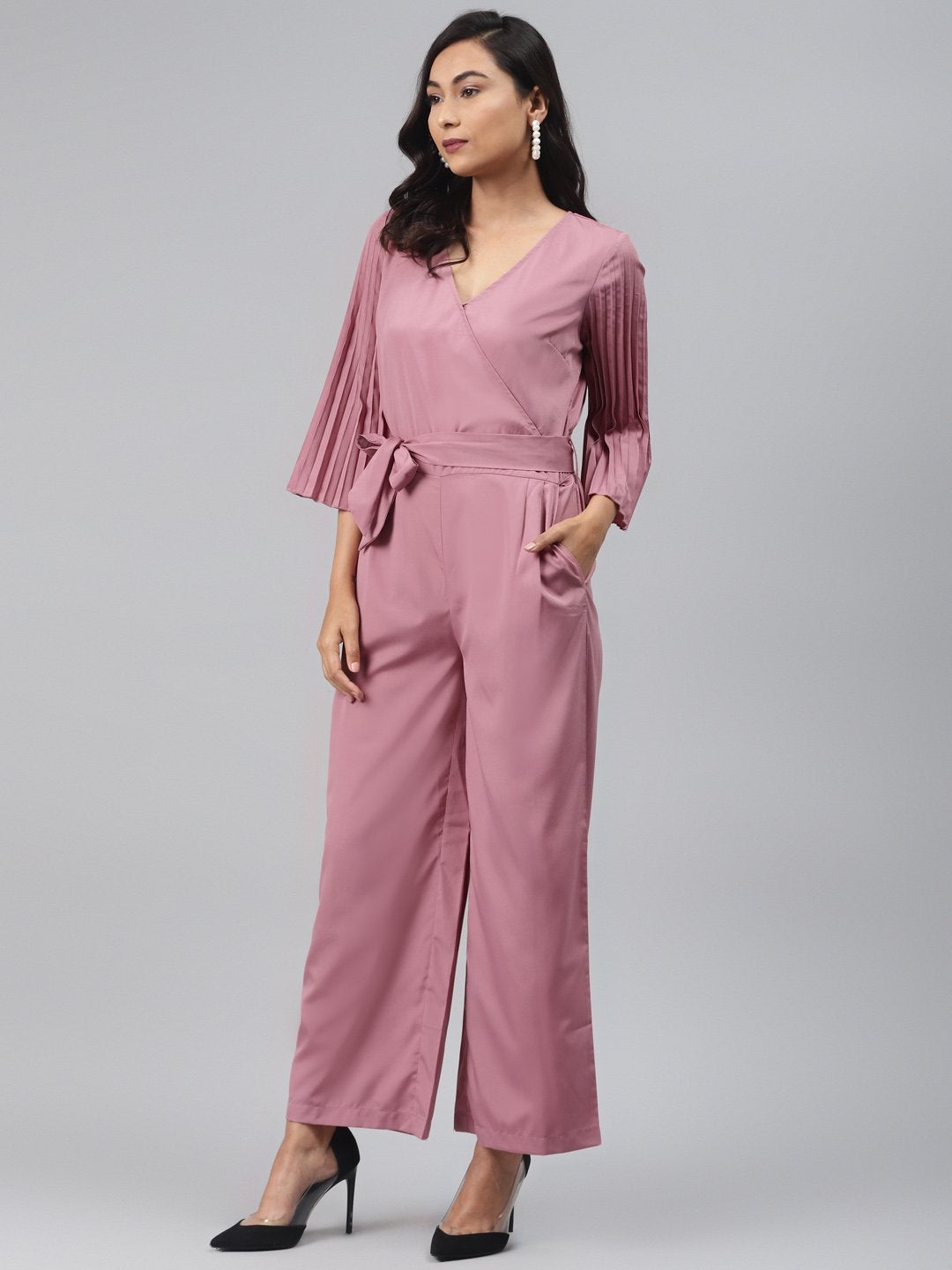 Women's Baked Pink Wrap Pleated Sleeves Jumpsuit - SASSAFRAS