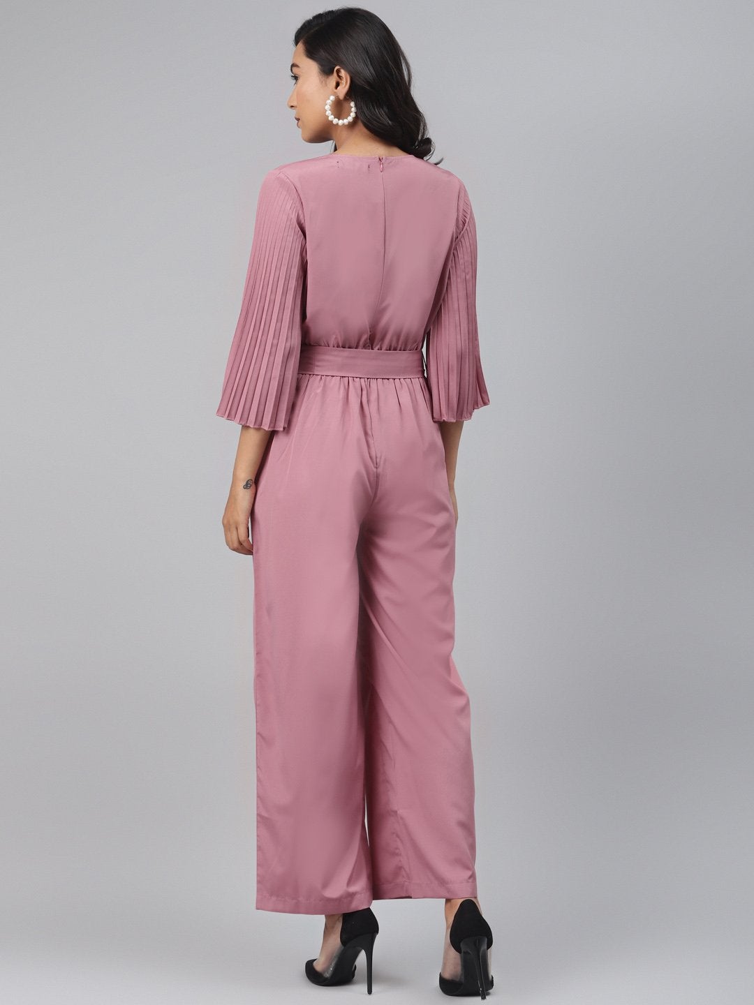 Women's Baked Pink Wrap Pleated Sleeves Jumpsuit - SASSAFRAS