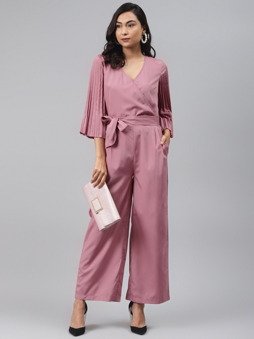 Women's Baked Pink Wrap Pleated Sleeves Jumpsuit - SASSAFRAS