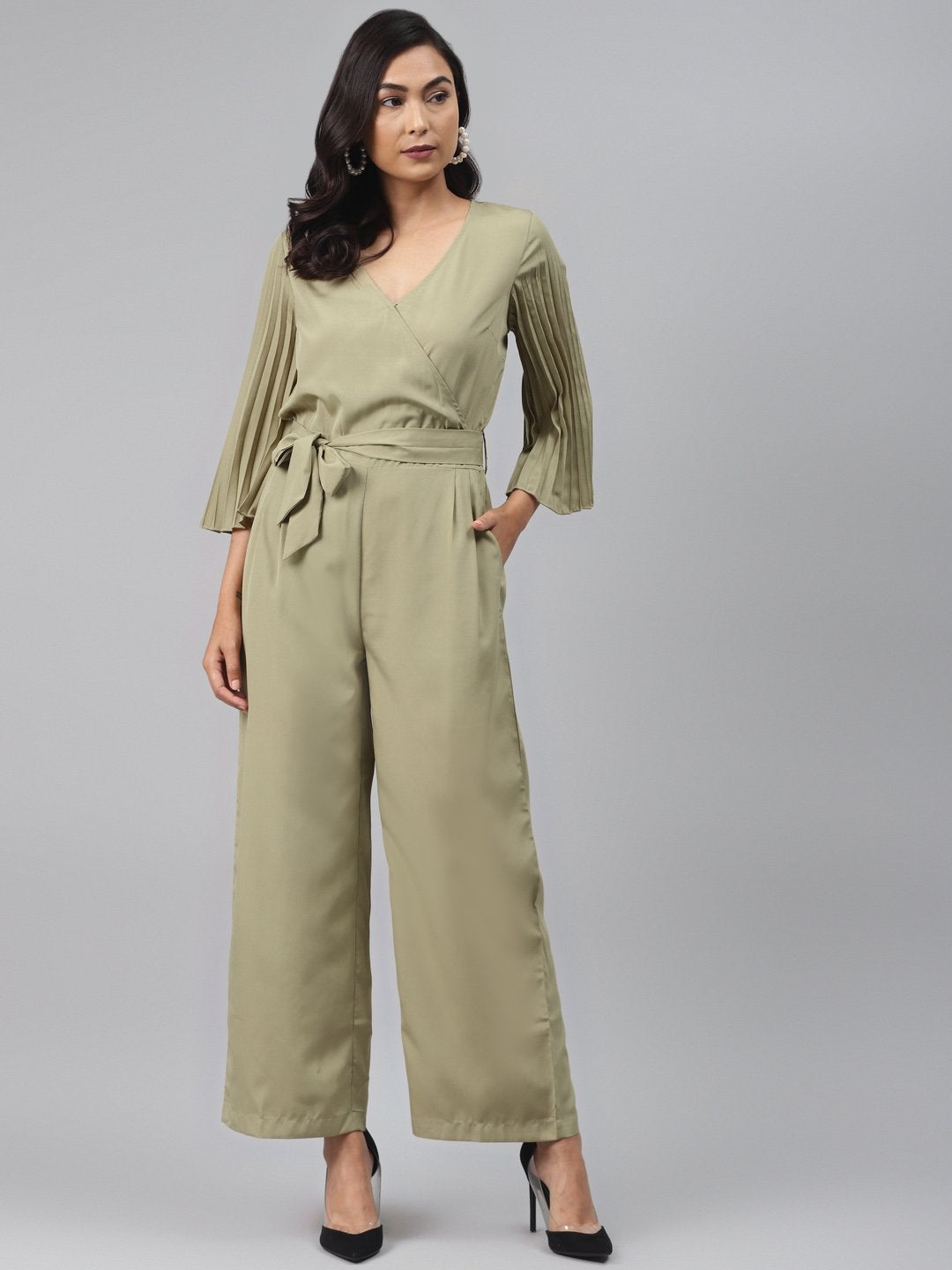 Women's Olive Pink Wrap Pleated Sleeves Jumpsuit - SASSAFRAS