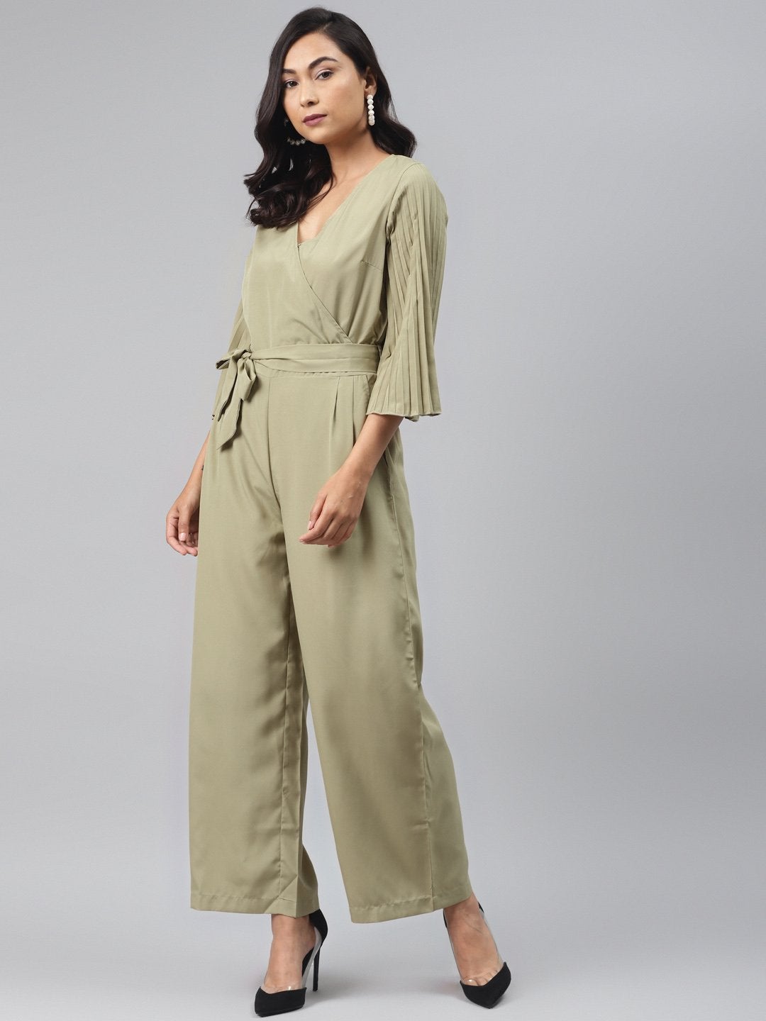 Women's Olive Pink Wrap Pleated Sleeves Jumpsuit - SASSAFRAS