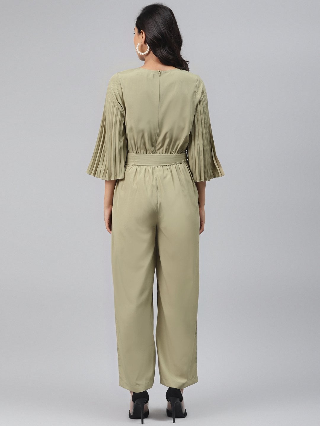 Women's Olive Pink Wrap Pleated Sleeves Jumpsuit - SASSAFRAS