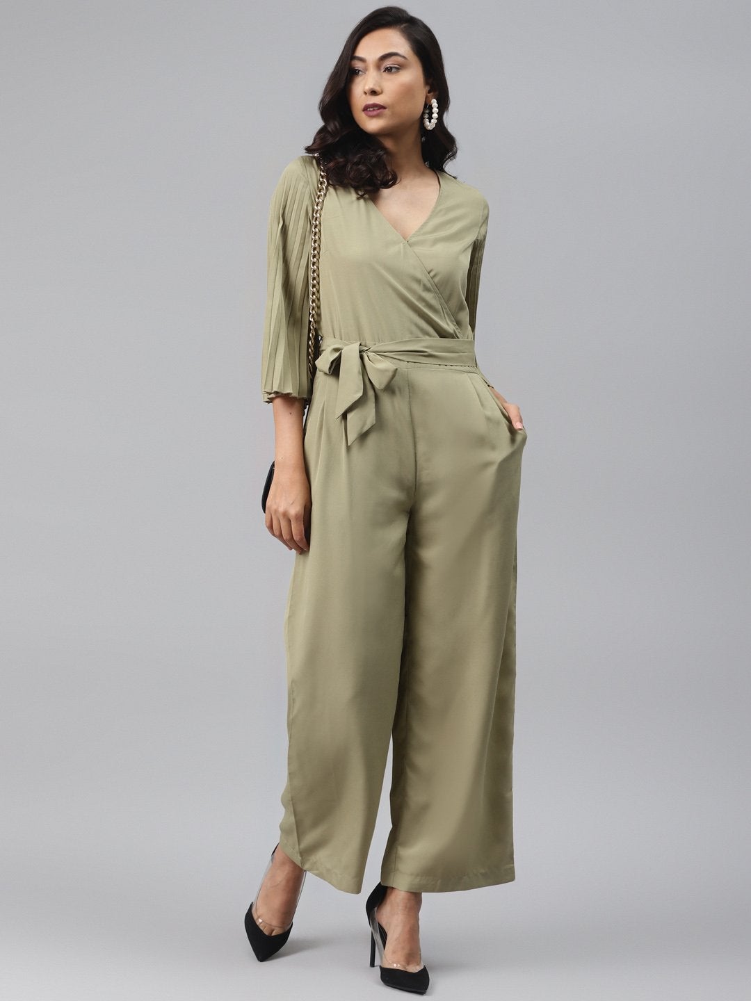 Women's Olive Pink Wrap Pleated Sleeves Jumpsuit - SASSAFRAS